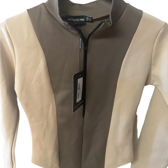 PrettyLittleThing scuba bodysuit beige contrast panel long sleeve size 4 NWT - Picture 6 of 10